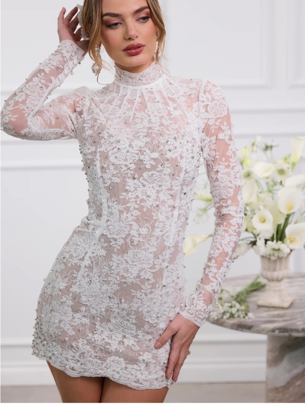 V. Chapman Ivory Floral Lace Long Sleeve Sheath Dress